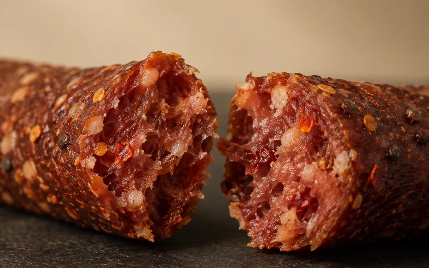 A STOKE chicken stick pulled apart, showing a moist, tender interior flecked with chilli and pepper