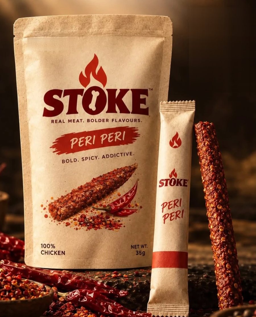STOKE fermented chicken stick, peri peri, in its pouch beside a single-stick sachet and a stick, with dried red chillies