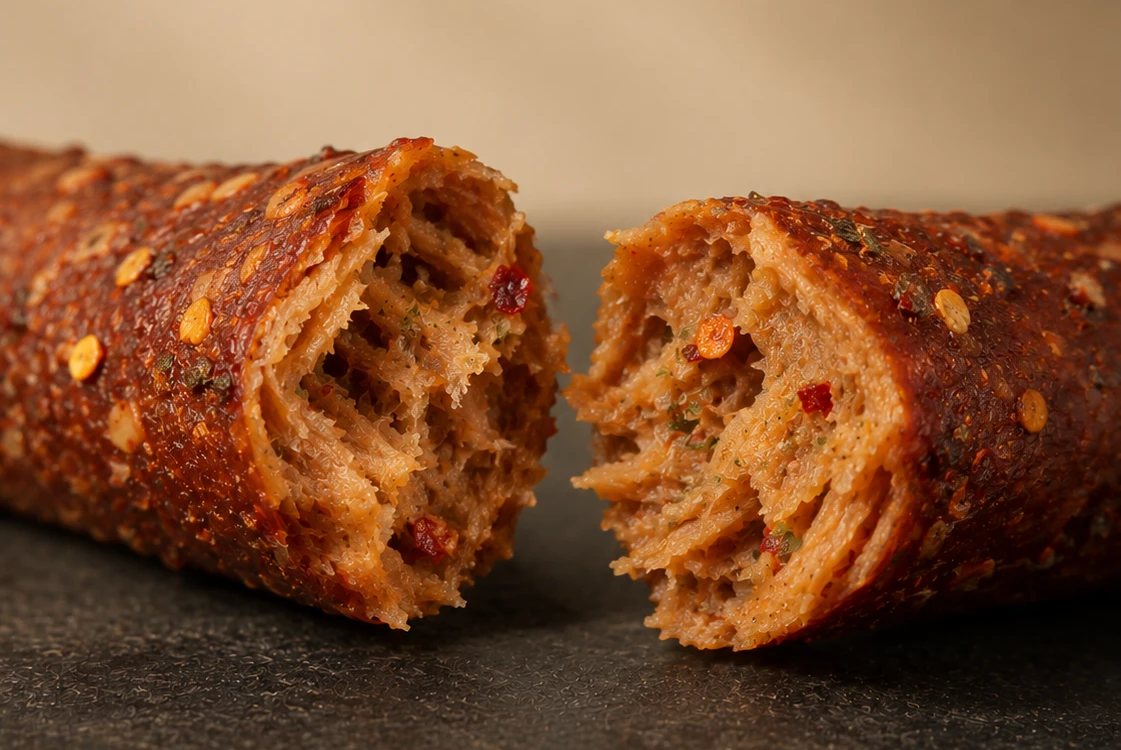 A fermented soy & gluten stick pulled apart, showing a soft, fibrous interior flecked with chilli and herbs